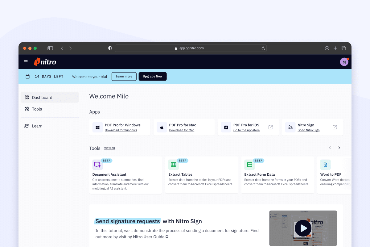 Screenshot showing desktop app with free trial and pop up to upgrade