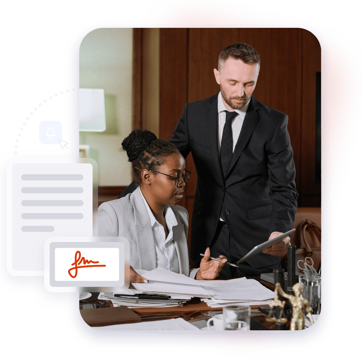 Assistant showing report to a politician with a tablet