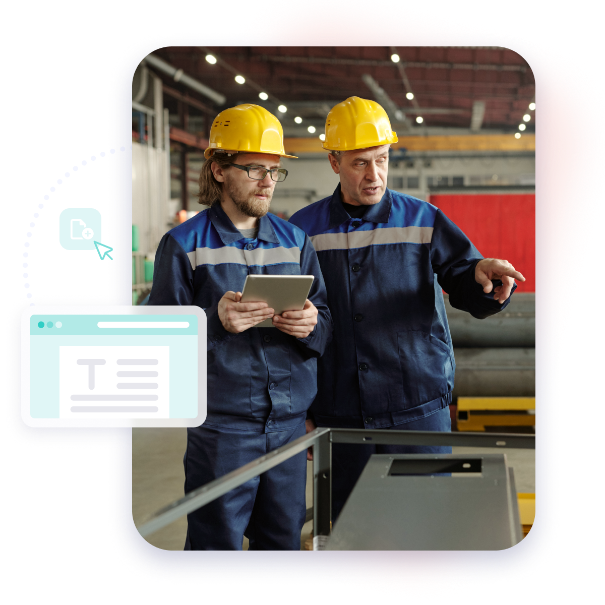 Two working men with security gear in a factory