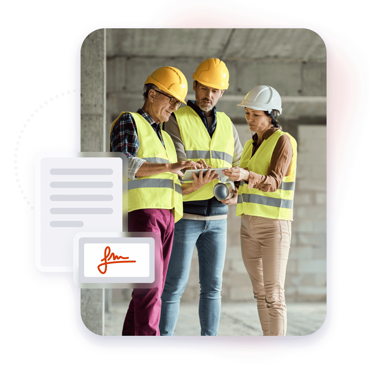 Electric engineers with contractor signing a document with a tablet