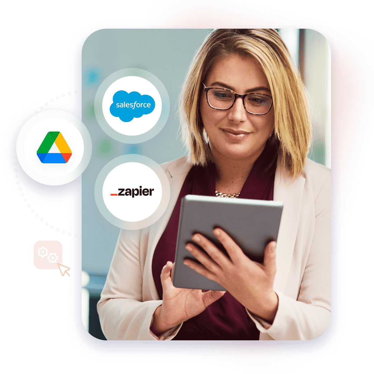 Woman working with a tablet surrounded by integrations icons like Salesforce or Google Drive