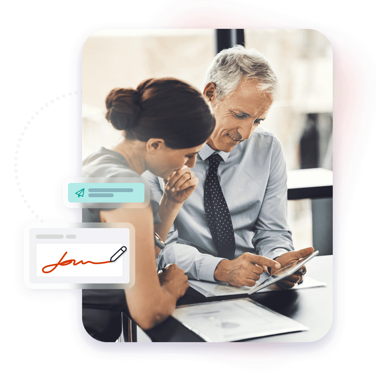 Business man and woman having a conversation using a tablet