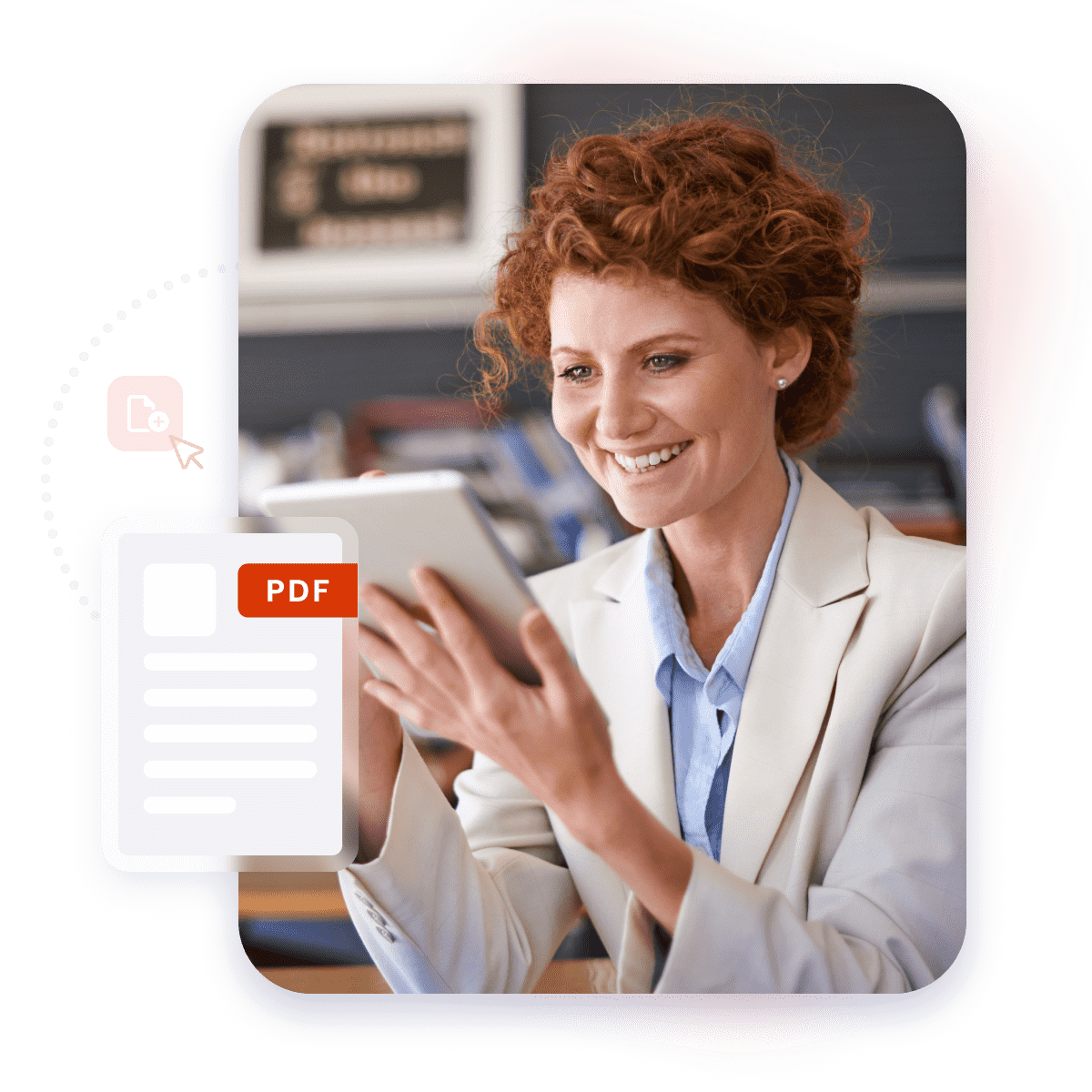 Happy woman interacting with a tablet