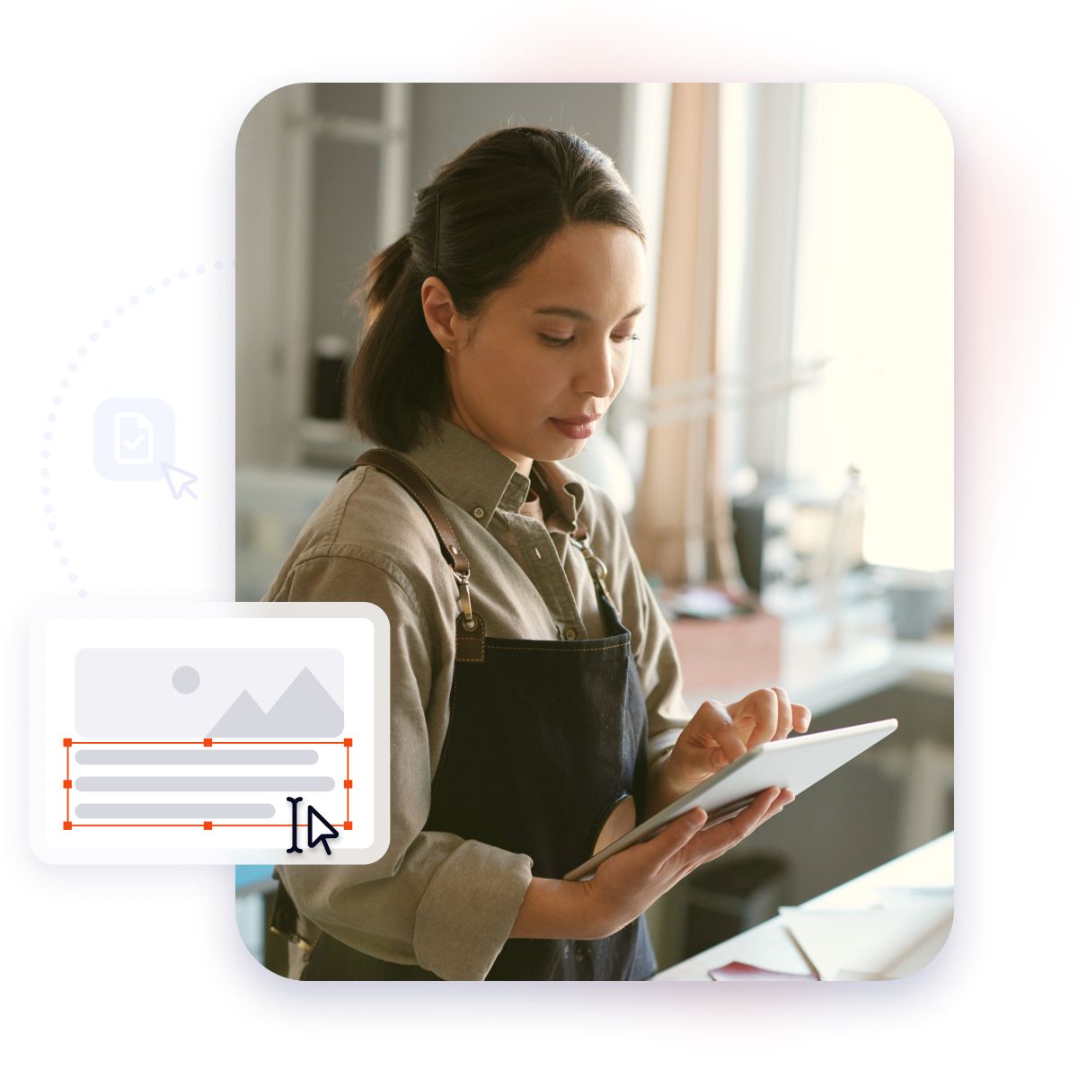 Woman in a studio adding notes using her tablet