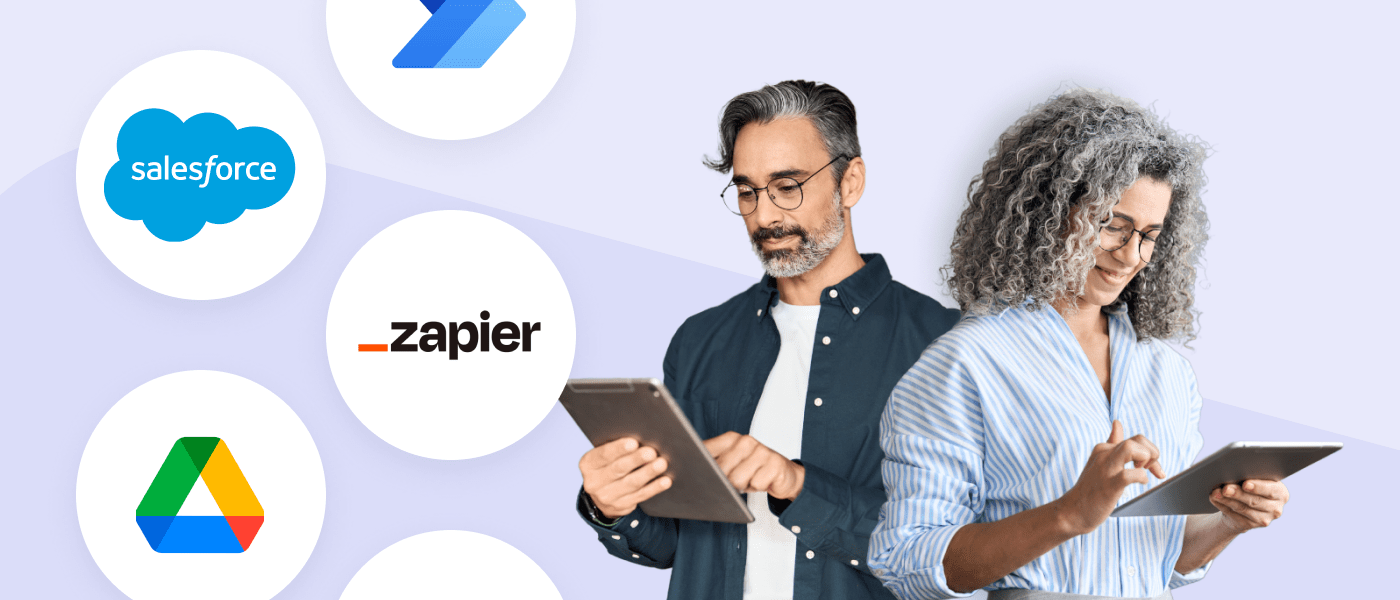 woman and man with floating integration logos like zapier, salesforce, drive, etc
