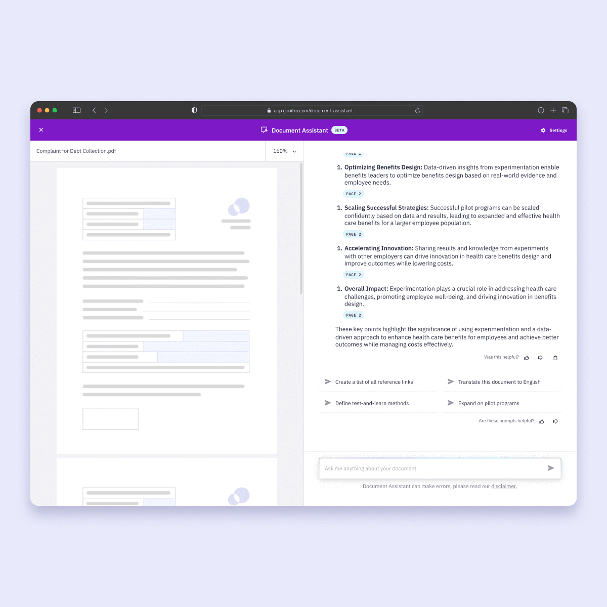 Screenshots showing the document assistant of Nitro AI