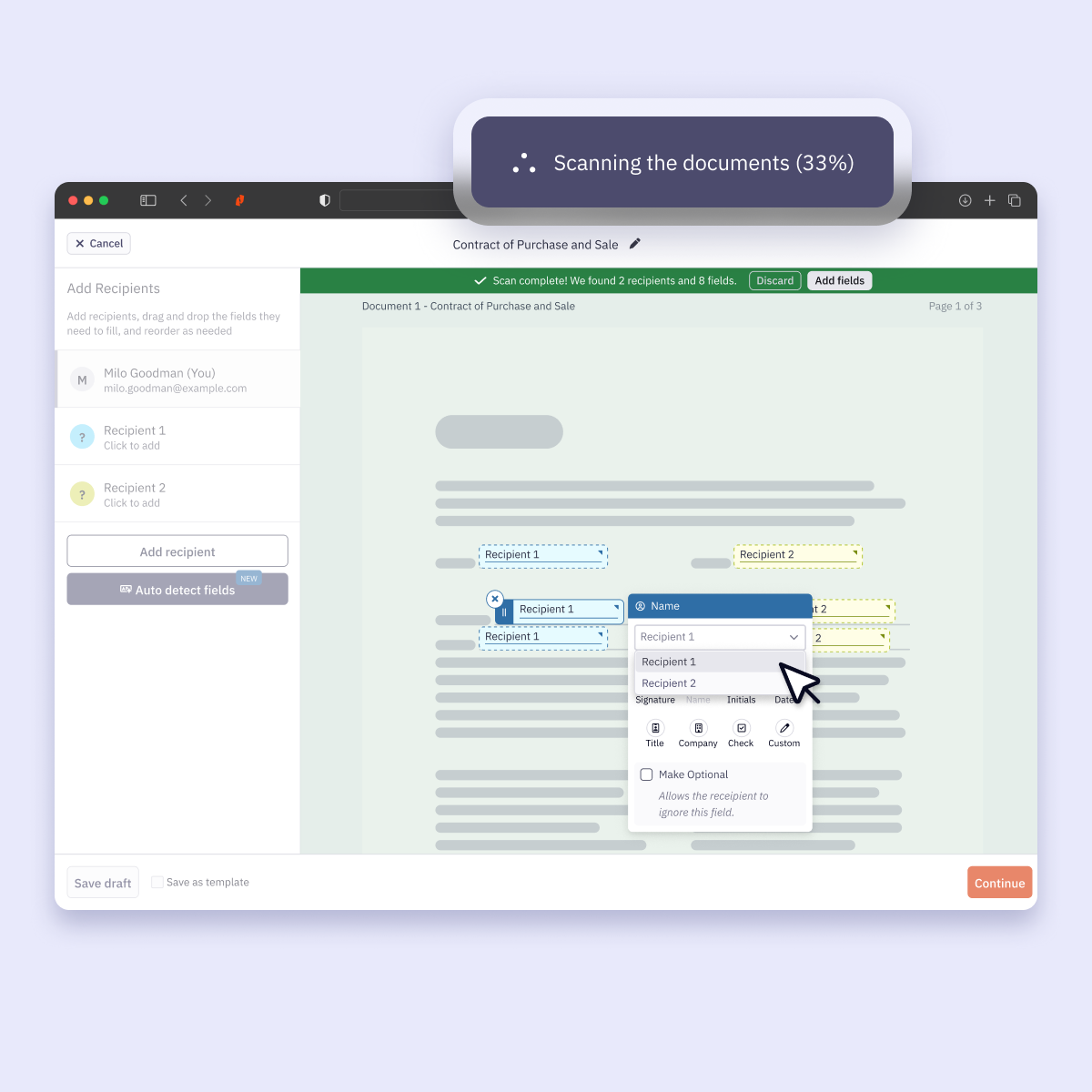 Sign product user clicks on auto detect fields process