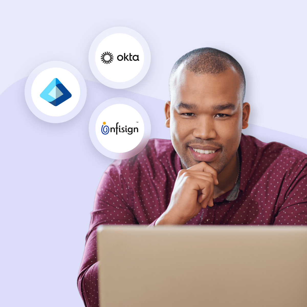 Image of a smiling man looking at a laptop with SSO icons near by