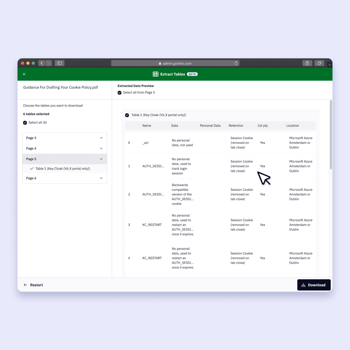 Screenshot showing workspace with table extract feature